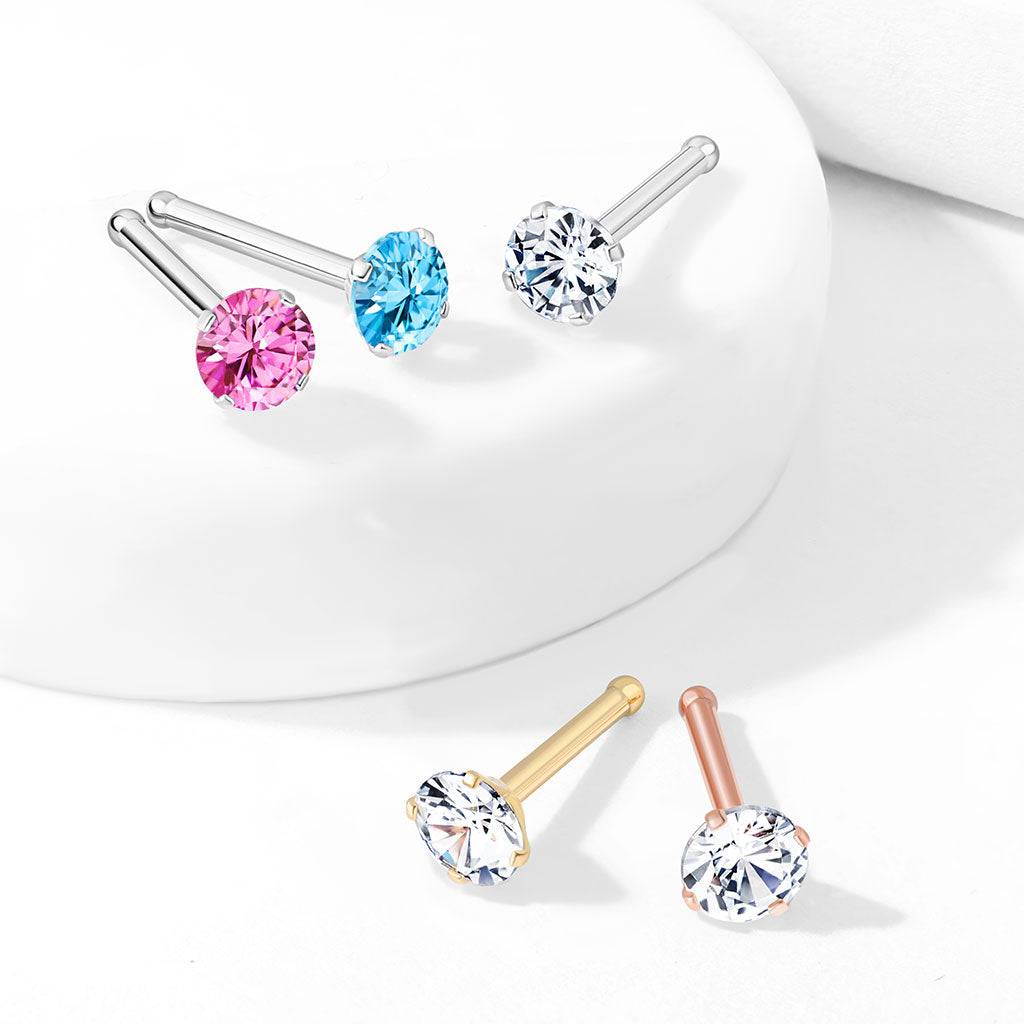 316L Surgical Steel Pink Round CZ Prong Gem Ball End Nose Ring Stud