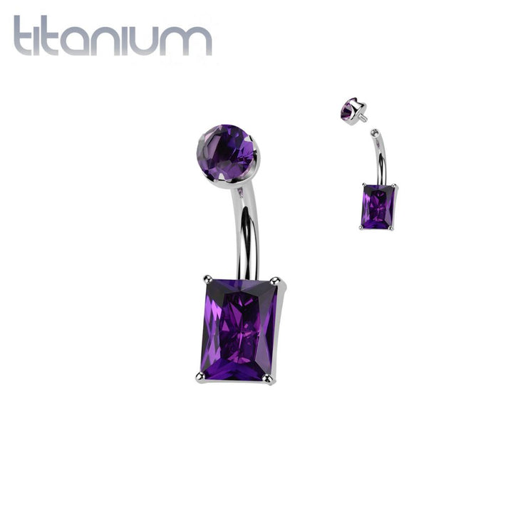 Implant Grade Titanium Amethyst Stone Rectangle Internally Threaded Belly Ring - Pierced Universe
