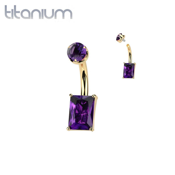 Implant Grade Titanium Gold PVD Amethyst Stone Rectangle Internally Threaded Belly Ring - Pierced Universe