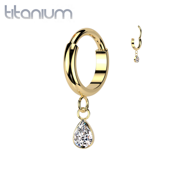 Implant Grade Titanium Gold PVD White CZ Teardrop Dangle Hinged Clicker Hoop