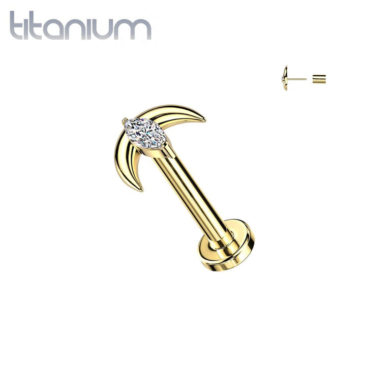 Implant Grade Titanium Gold PVD White CZ Marquise With Crescent Moon Threadless Labret With Flat Back - Pierced Universe