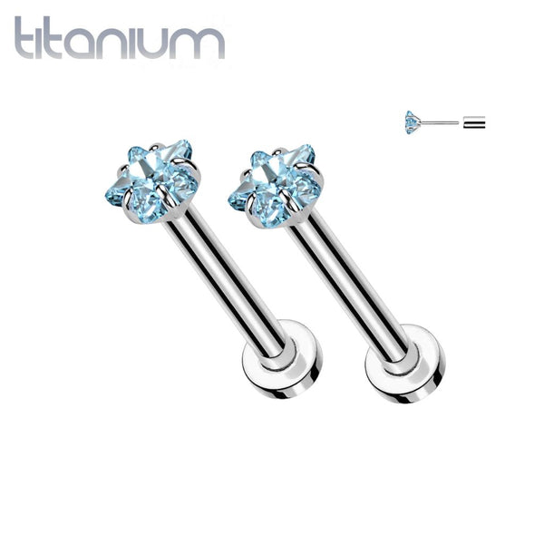 Pair of Implant Grade Titanium Small Dainty Aqua CZ Star Push In Earrings With Flat Back - Pierced Universe
