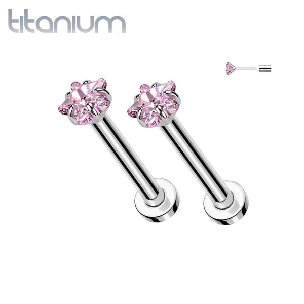 Pair of Implant Grade Titanium Small Dainty Pink CZ Star Push In Earrings With Flat Back - Pierced Universe