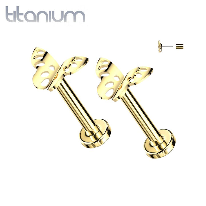 Pair of Implant Grade Titanium Threadless Gold PVD Butterfly Push In Earrings With Flat Back - Pierced Universe