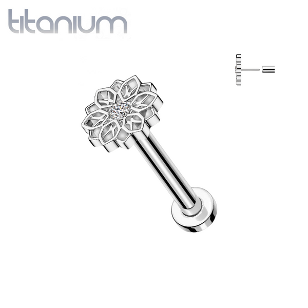 Implant Grade Titanium White CZ Large Flower Threadless Push In Labret