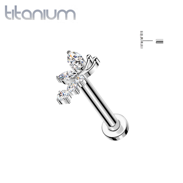 Implant Grade Titanium White CZ Pave Large Flying Butterfly Threadless Labret With Flat Back