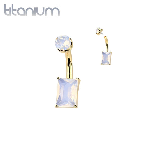 Implant Grade Titanium Gold PVD Rose Quartz Stone Rectangle Internally Threaded Belly Ring - Pierced Universe