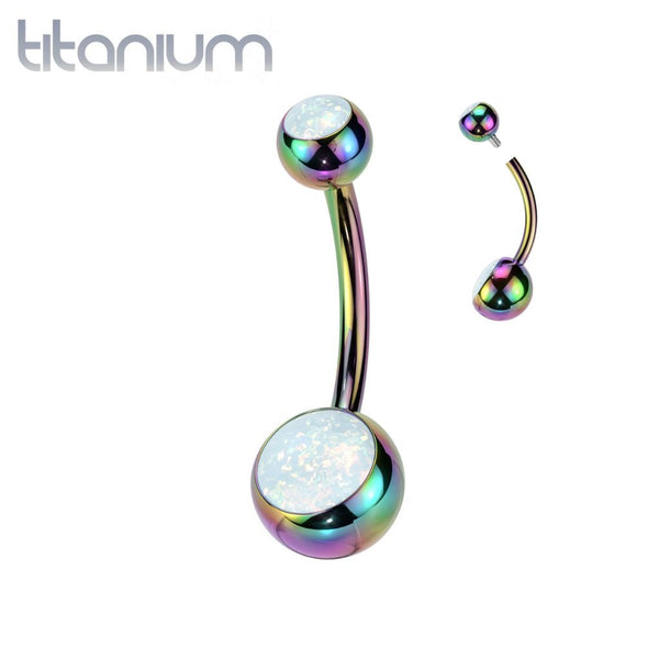 Implant Grade Titanium Rainbow PVD White Opal Internally Threaded Belly Ring