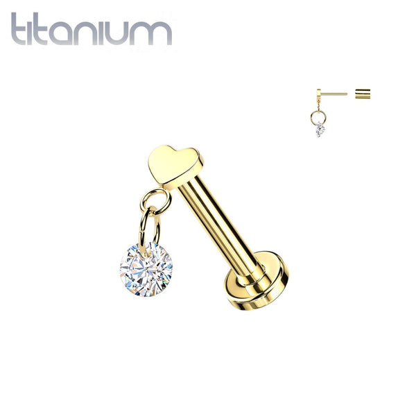 Implant Grade Titanium Gold PVD Heart With White CZ Dangle Threadless Push In Labret With Flat Back