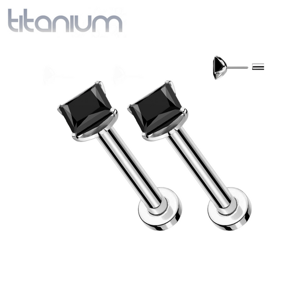 Pair of Implant Grade Titanium Threadless Square Black CZ Gem Earring Studs with Flat Back - Pierced Universe