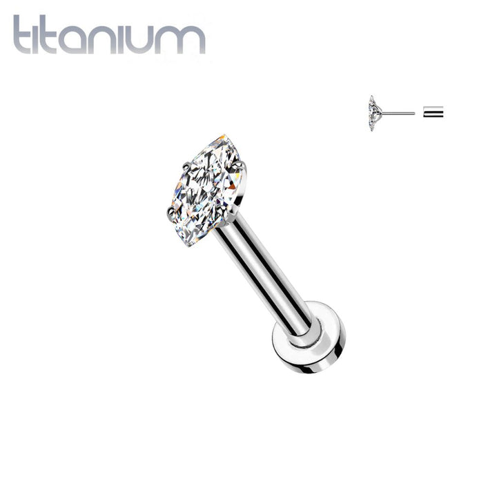 Implant Grade Titanium White CZ Clawed Marquise Gem Push In Threadless Labret With Flat Back - Pierced Universe