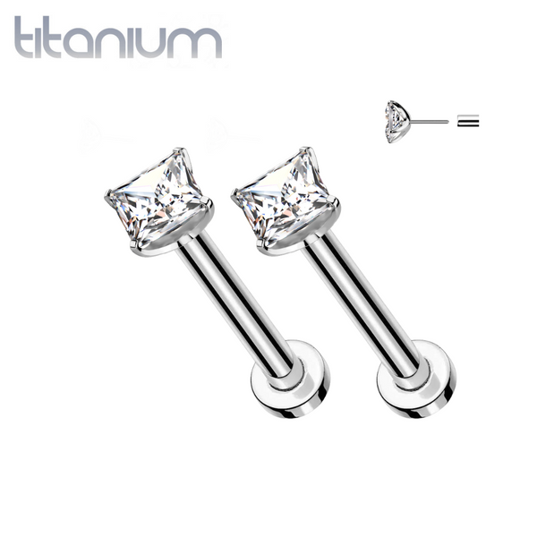 Pair of Implant Grade Titanium Threadless Square White CZ Gem Earring Studs with Flat Back