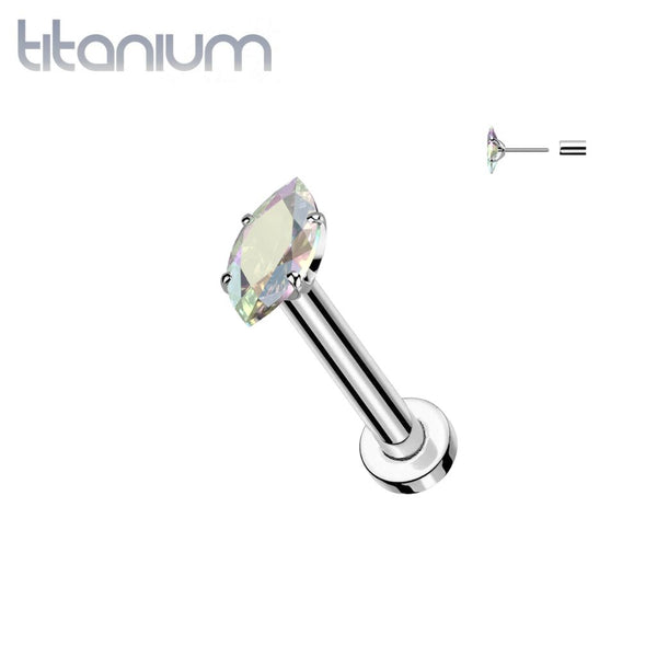 Implant Grade Titanium Aurora Borealis CZ Clawed Marquise Gem Push In Threadless Labret With Flat Back - Pierced Universe