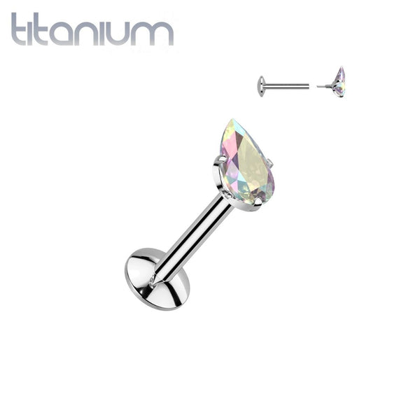 Implant Grade Titanium Aurora Borealis CZ Teardrop Shaped Internally Threaded Flat Back Labret - Pierced Universe