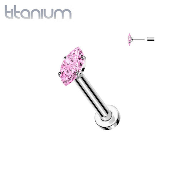 Implant Grade Titanium Pink CZ Clawed Marquise Gem Push In Threadless Labret With Flat Back - Pierced Universe
