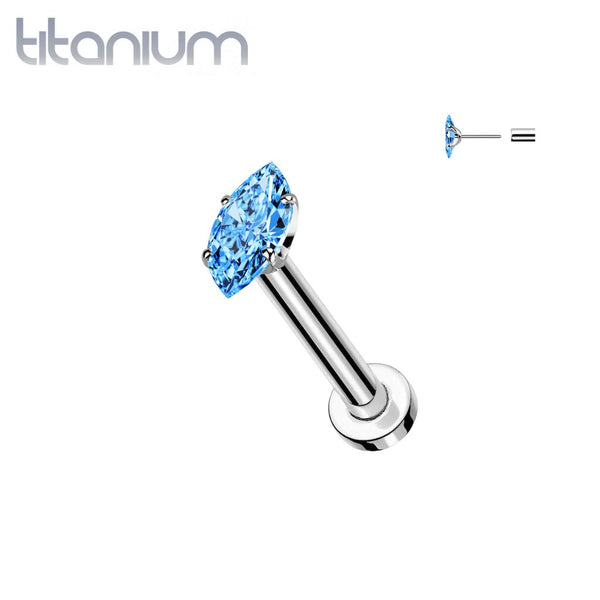 Implant Grade Titanium Aqua CZ Clawed Marquise Gem Push In Threadless Labret With Flat Back - Pierced Universe