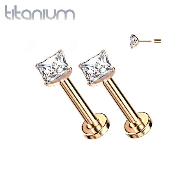 Pair Of Implant Grade Titanium Rose Gold PVD Square White CZ Gem Threadless Push In Earring Studs With Flat Back - Pierced Universe