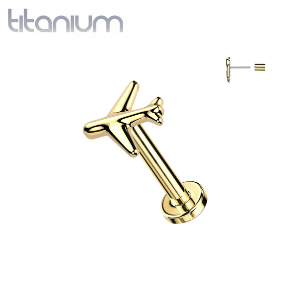 Implant Grade Titanium Gold PVD Minimal Airplane Threadless Labret With Flat Back - Pierced Universe