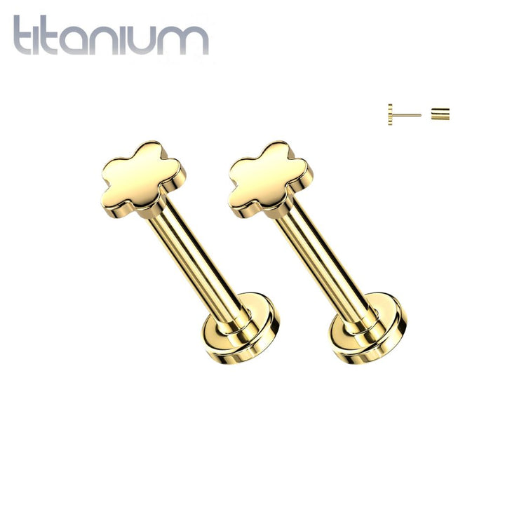 Pair of Implant Grade Titanium Gold PVD Threadless Flower Push In Earrings With Flat Back - Pierced Universe