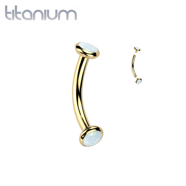 Implant Grade Titanium Gold PVD White Opal Bezel Internally Threaded Curved Barbell