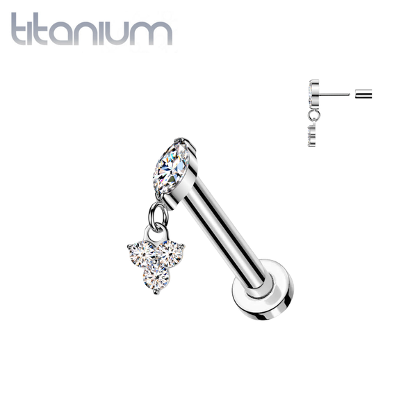 Implant Grade Titanium White CZ Marquise Gem With Trillium Dangle Threadless Push In Labret With Flat Back