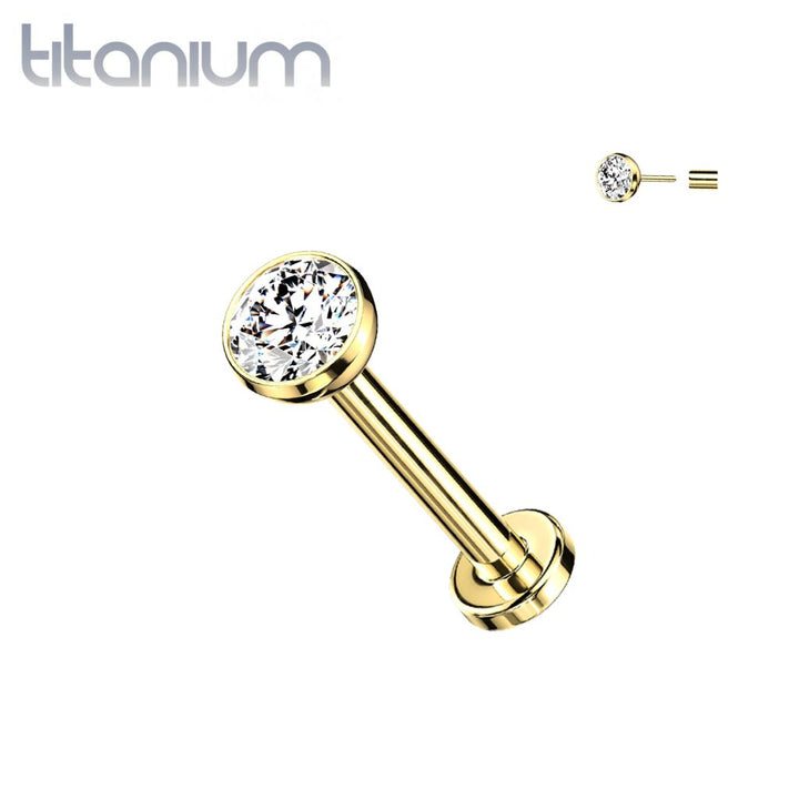 Implant Grade Titanium Threadless Push In Gold PVD Nose Ring Bezel White CZ Stud with Flat Back - Pierced Universe
