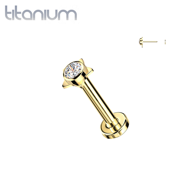 Implant Grade Titanium Gold PVD White CZ Bezel Star Threadless Push In Labret With Flat Back
