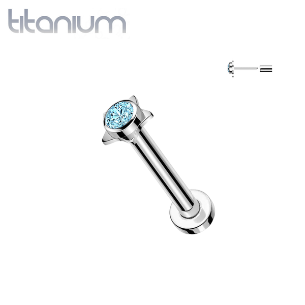 Implant Grade Titanium Aqua CZ Bezel Star Threadless Push In Labret With Flat Back