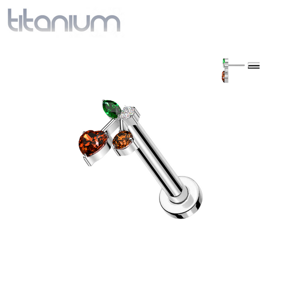 Implant Grade Titanium Red CZ Heart Cherry Cute Push In Threadless Labret With Flat Back - Pierced Universe