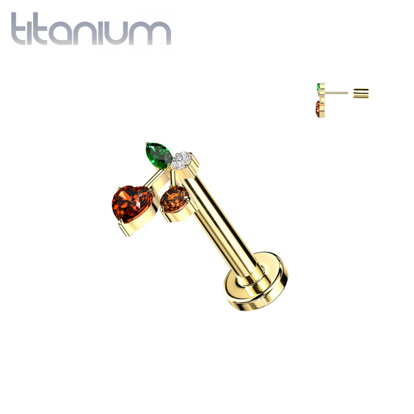 Implant Grade Titanium Red CZ Heart Cherry Cute Push In Threadless Labret With Flat Back - Pierced Universe