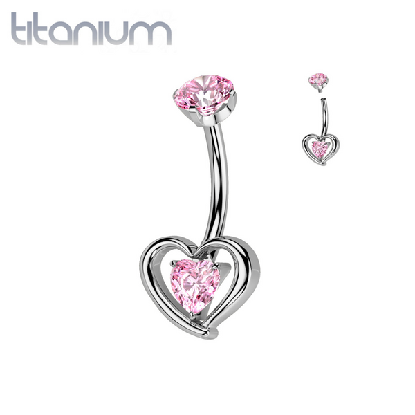 Implant Grade Titanium Pink CZ Heart Shaped Belly Ring - Pierced Universe