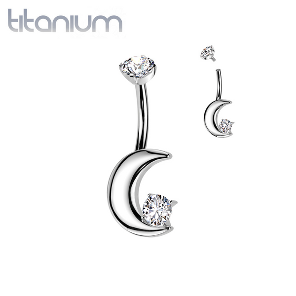 Implant Grade Titanium White CZ Crescent Moon Internally Threaded Belly Ring