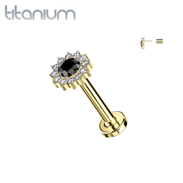 Implant Grade Titanium Gold PVD Black CZ Large Sunflower Threadless Labret With Flat Back - Pierced Universe