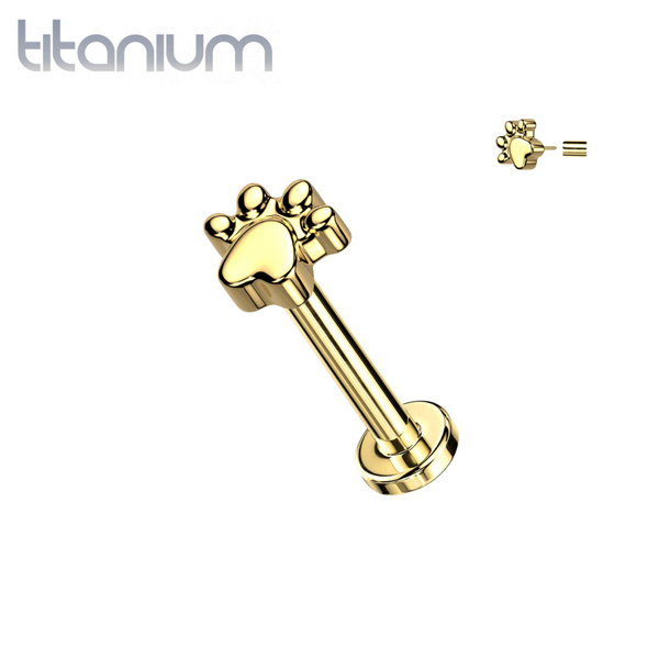 Implant Grade Titanium Gold PVD Paw Print Push In Threadless Labret With Flat Back - Pierced Universe
