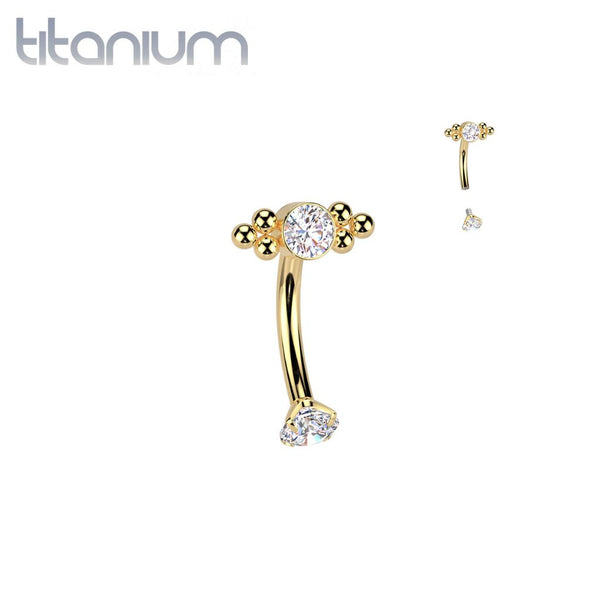 Implant Grade Titanium Gold PVD White CZ Bezel Boho Beaded Internally Threaded Curved Barbell - Pierced Universe