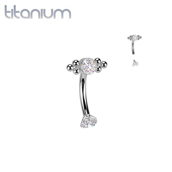 Implant Grade Titanium White CZ Bezel Boho Beaded Internally Threaded Curved Barbell - Pierced Universe