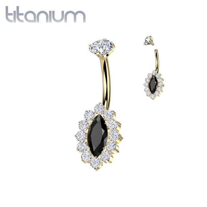 Implant Grade Titanium Gold PVD White & Black CZ Internally Threaded Marquise Non Dangle Belly Ring - Pierced Universe