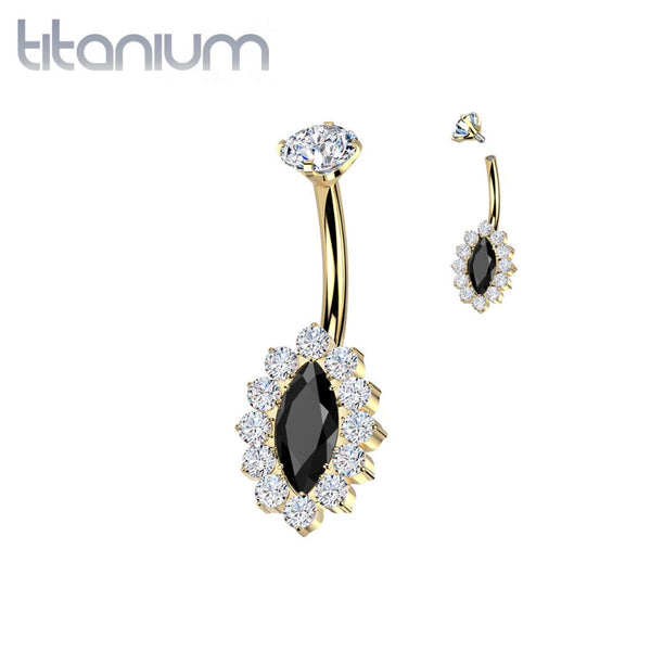 Implant Grade Titanium Gold PVD White & Black CZ Internally Threaded Marquise Non Dangle Belly Ring - Pierced Universe