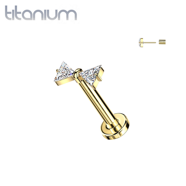 Implant Grade Titanium Gold PVD White CZ Bow Push In Threadless Labret With Flat Back - Pierced Universe