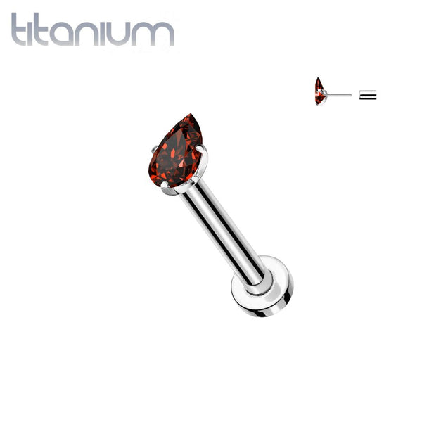Implant Grade Titanium Red CZ Teardrop Gem Threadless Labret With Flat Back