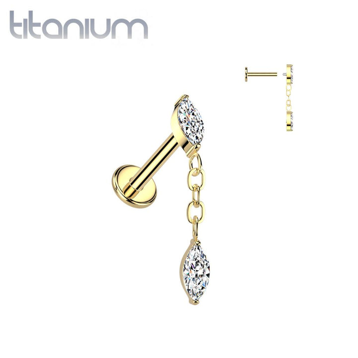 Implant Grade Titanium Gold PVD White CZ Marquise Gem Dangle Internally Threaded Labret - Pierced Universe