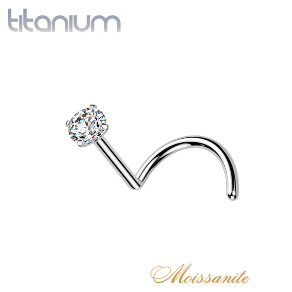 Implant Grade Titanium White CZ Moissanite Corkscrew Nose Ring - Pierced Universe