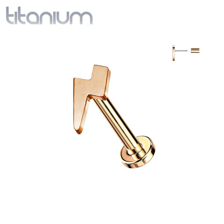 Implant Grade Titanium Threadless Push In Tragus/Cartilage Rose Gold PVD Lightening Bolt Stud With Flat Back - Pierced Universe