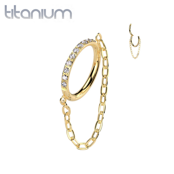 Implant Grade Titanium Gold PVD White CZ Pave Chain Dangle Hinged Clicked Hoop - Pierced Universe