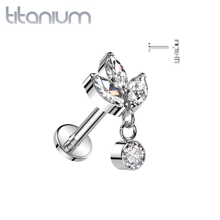 Implant Grade Titanium Triple Petal Flower White CZ Gem Dangle Flat Back Labret - Pierced Universe