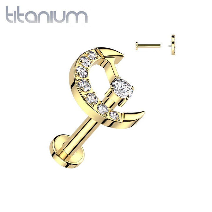 Titanium Gold PVD White CZ Internally Threaded Crescent Moon Labret Flat Back - Pierced Universe