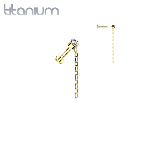 Implant Grade Titanium Gold PVD White CZ Gem With Long Chain Dangle Flat Back Labret - Pierced Universe