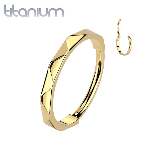 Implant Grade Titanium Gold PVD Ridged Design Nose Hoop Hinged Clicker Ring - Pierced Universe