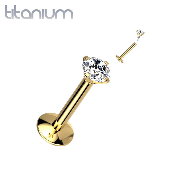 Implant Grade Titanium Gold PVD White CZ Gem Internally Threaded Concave Flat Back Labret - Pierced Universe