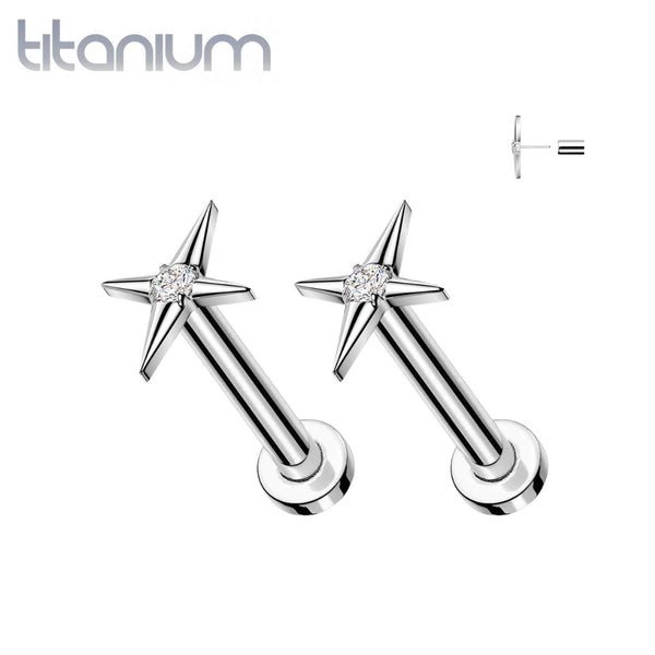 Pair of Implant Grade Titanium White CZ Large Four Point Star Threadless Earring Studs with Flat Back